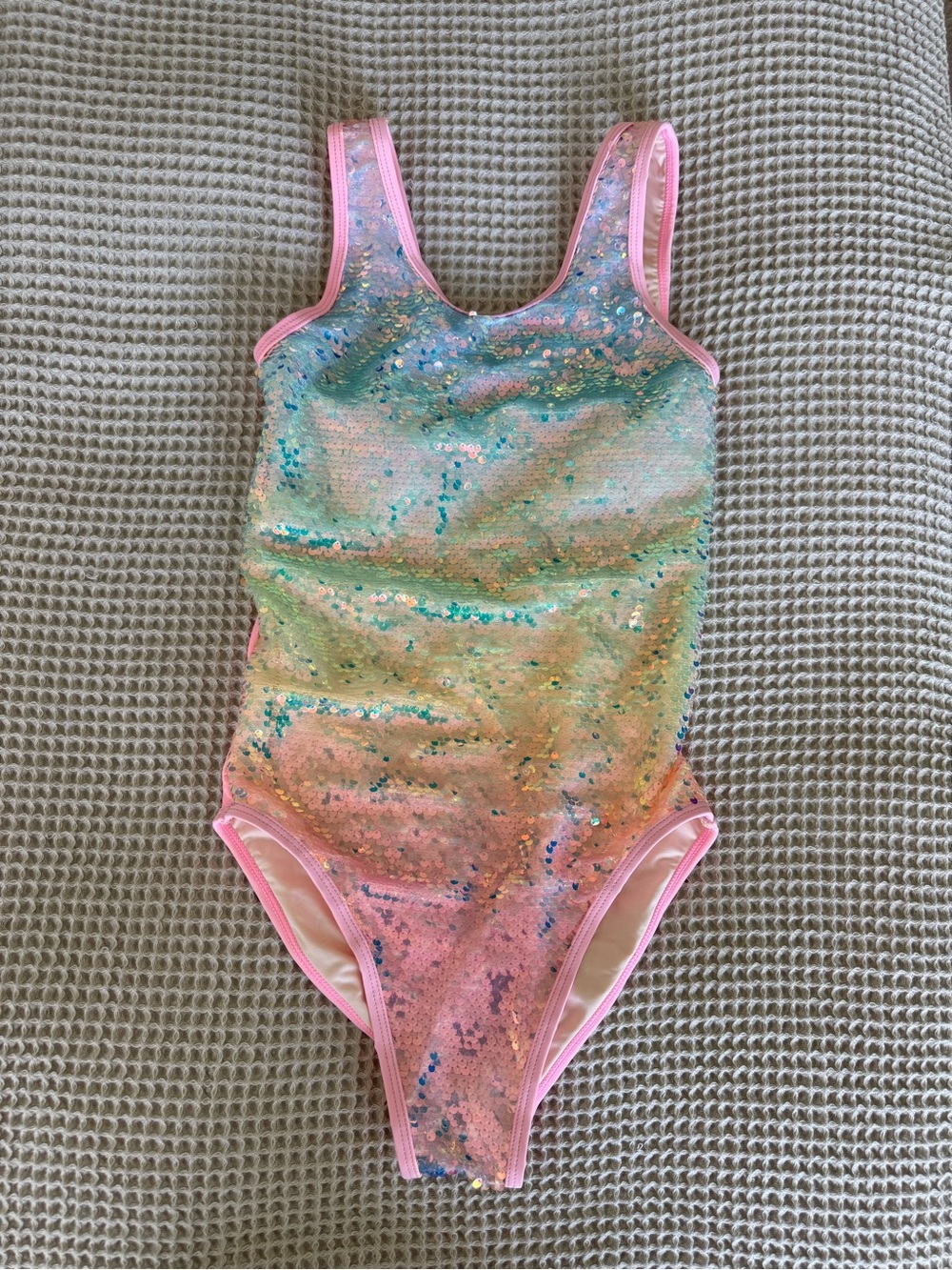 Pastel Sequin One-Piece Swimsuit with Pink Trim